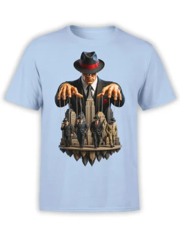 Vintage noir puppet master graphic with four suited figures and a city skyline on a light blue T-shirt