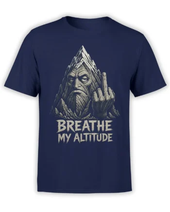 Rugged bearded mountain figure raising a middle finger on a navy T-shirt with “BREATHE MY ALTITUDE” text