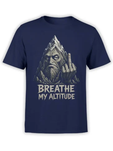 Rugged bearded mountain figure raising a middle finger on a navy T-shirt with “BREATHE MY ALTITUDE” text