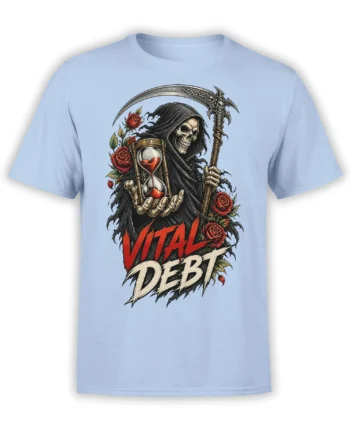 Grim reaper with scythe, hourglass, and red roses on a light blue graphic T-shirt