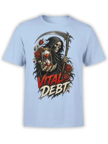 Grim reaper with scythe, hourglass, and red roses on a light blue graphic T-shirt