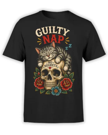Black T-shirt with sleepy tabby cat resting on a skull, roses, flowers, and “GUILTY NAP” lettering