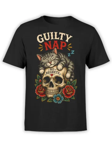 Black T-shirt with sleepy tabby cat resting on a skull, roses, flowers, and “GUILTY NAP” lettering