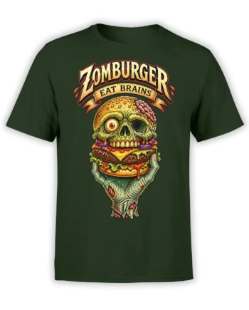 Dark green zombie burger T-shirt with a skull-like head, cheeseburger, and distressed horror lettering