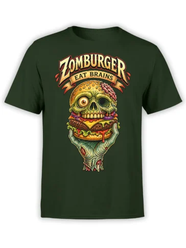 Dark green zombie burger T-shirt with a skull-like head, cheeseburger, and distressed horror lettering