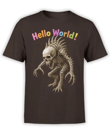 Dark brown dinosaur T-shirt with colorful Hello World text and a detailed skeletal creature graphic