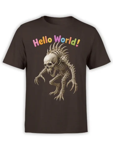 Dark brown dinosaur T-shirt with colorful Hello World text and a detailed skeletal creature graphic
