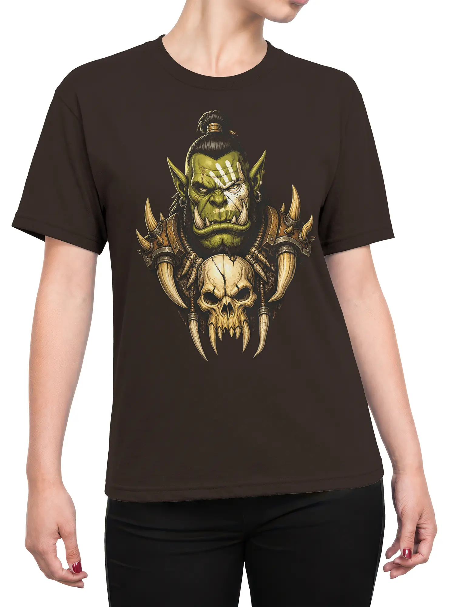 Female torso wearing a dark brown T-shirt with a green orc warrior and skull armor design