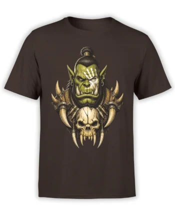 Fierce green orc warrior with tusks and skull armor printed on a dark brown T-shirt