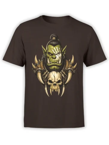 Fierce green orc warrior with tusks and skull armor printed on a dark brown T-shirt
