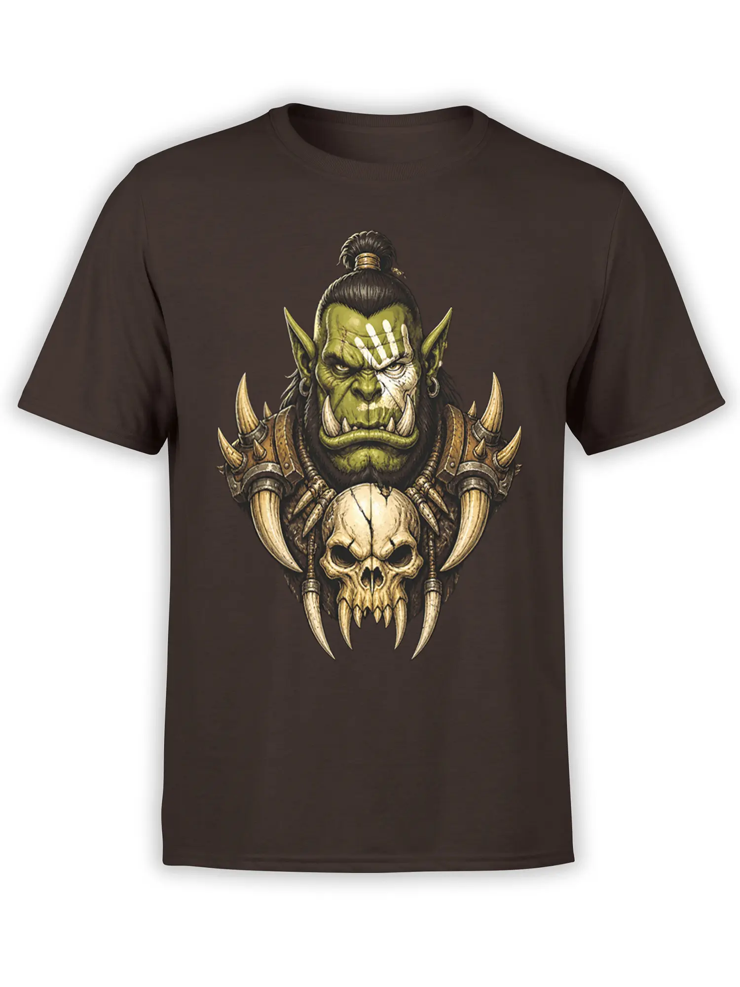 Fierce green orc warrior with tusks and skull armor printed on a dark brown T-shirt