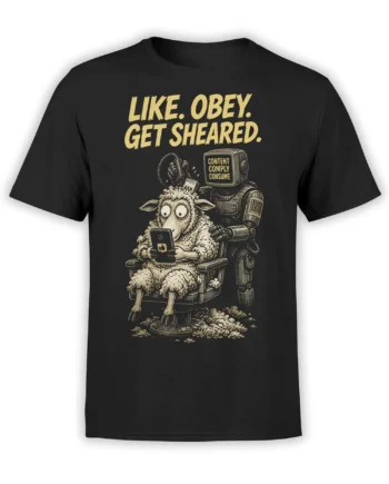 Black sheep T-shirt with a robot shearing a phone-using sheep and the text Like Obey Get Sheared