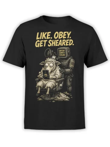 Black sheep T-shirt with a robot shearing a phone-using sheep and the text Like Obey Get Sheared