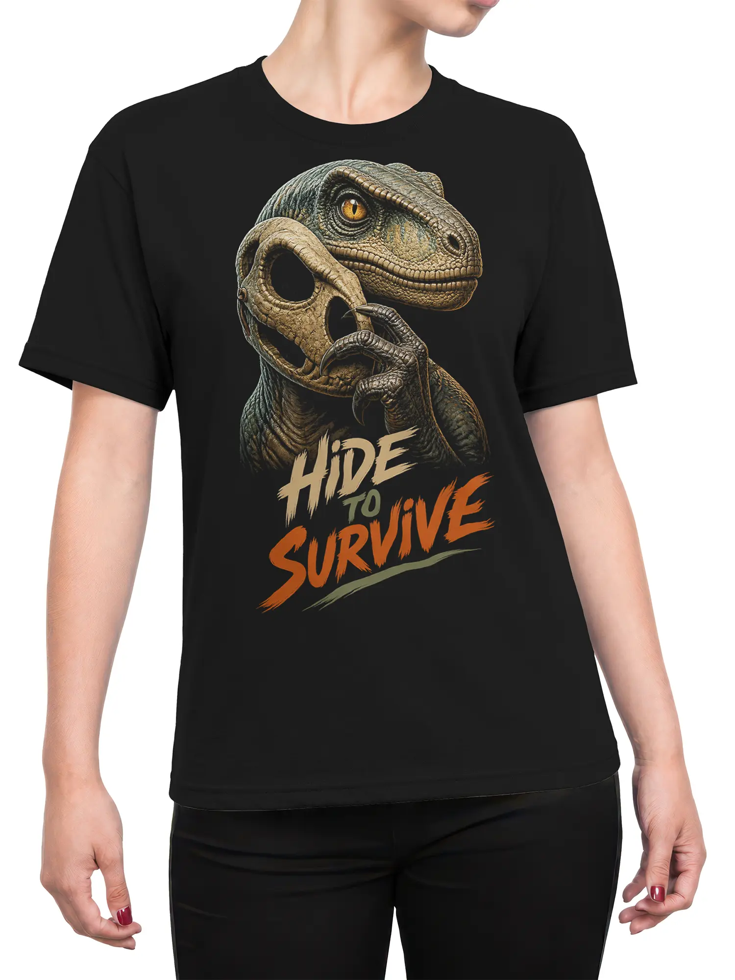 Female torso wearing a black dinosaur T-shirt with a detailed predator graphic and “Hide to Survive” text