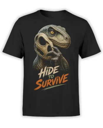 Black dinosaur T-shirt with a detailed raptor-inspired predator and bold “Hide to Survive” lettering