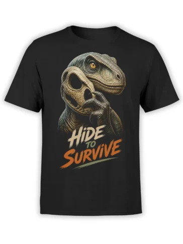 Black dinosaur T-shirt with a detailed raptor-inspired predator and bold “Hide to Survive” lettering