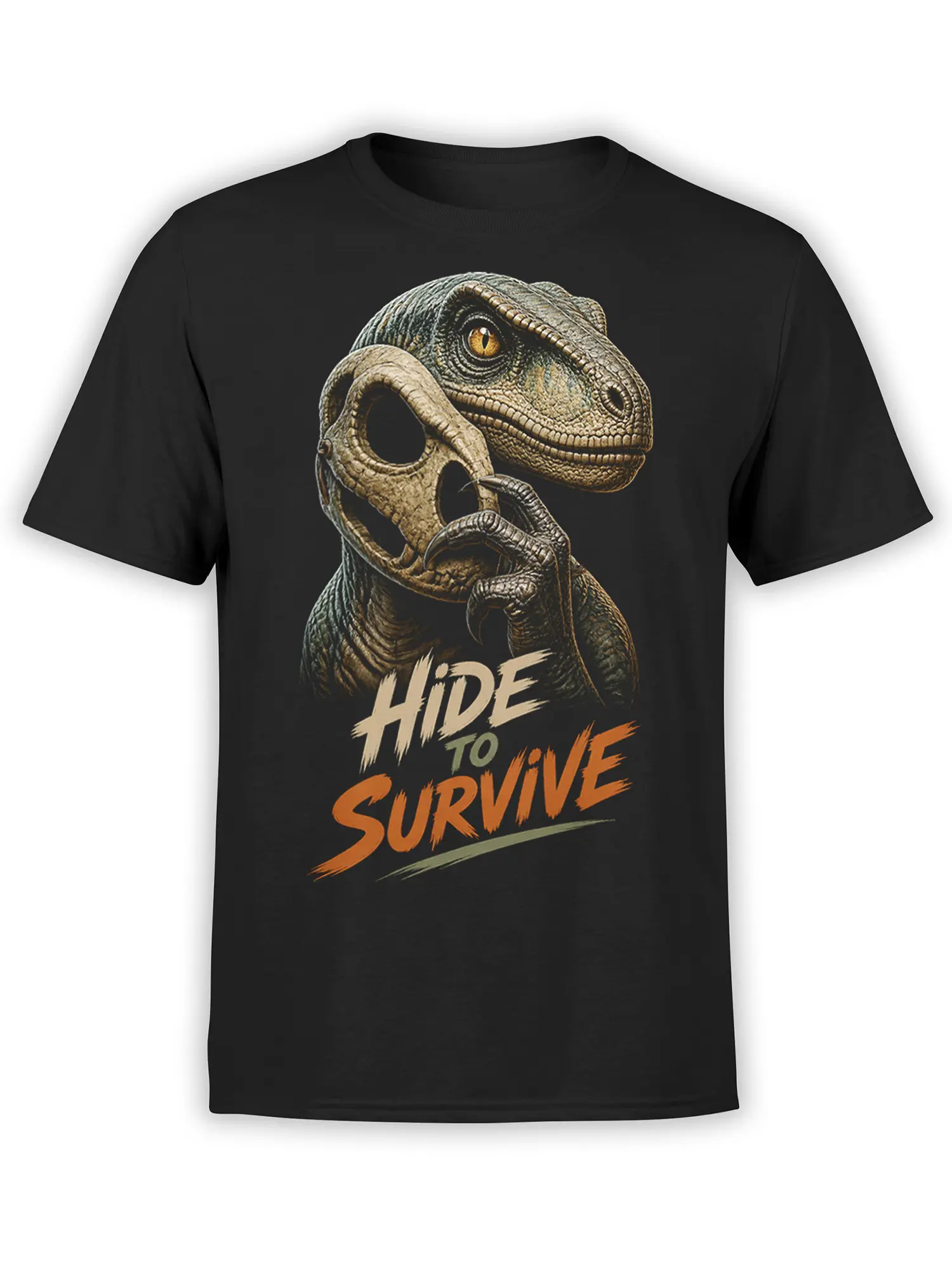 Black dinosaur T-shirt with a detailed raptor-inspired predator and bold “Hide to Survive” lettering