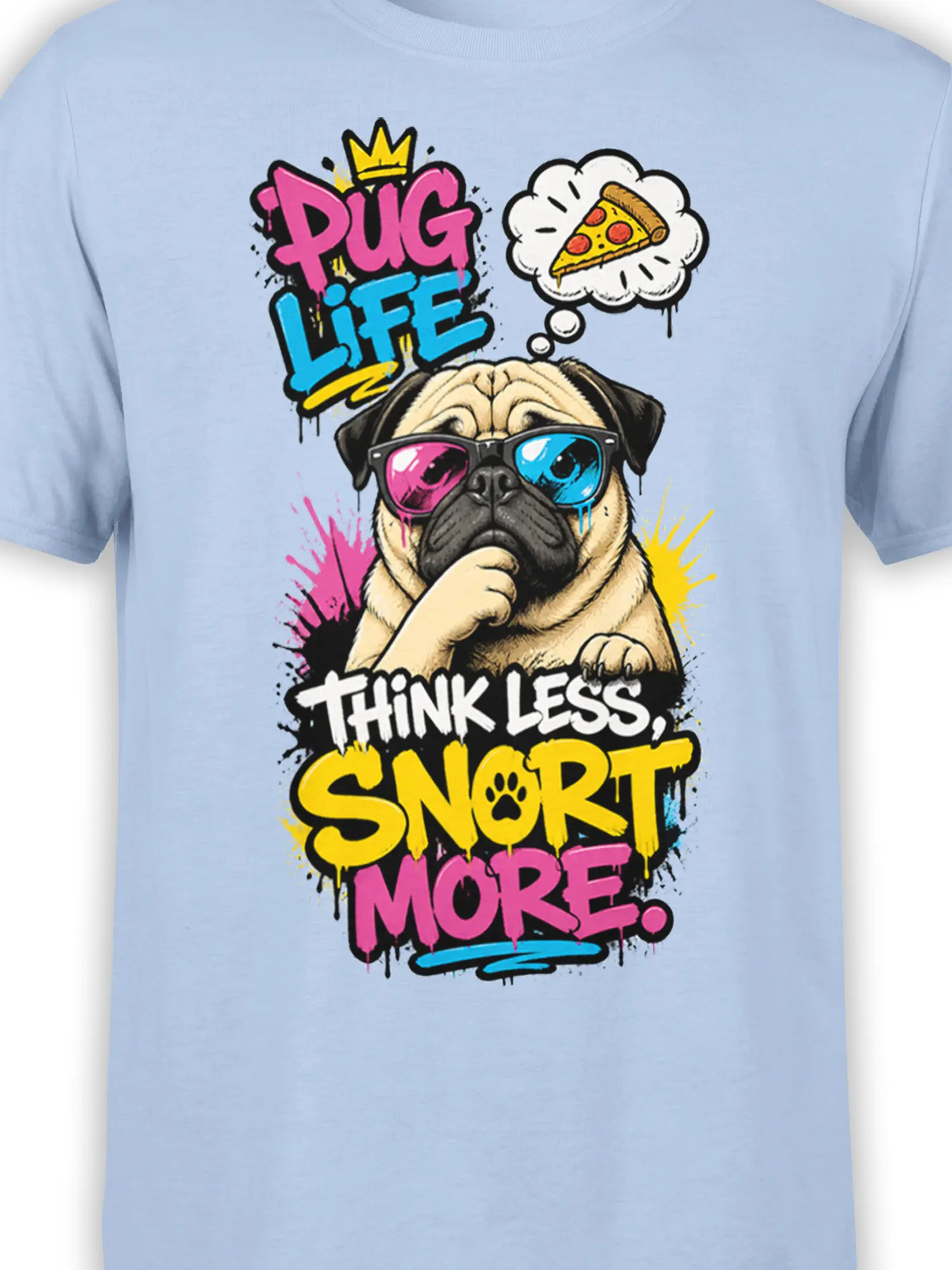 Close-up of a pug in colorful sunglasses with pizza artwork and bright graffiti lettering on a light blue shirt