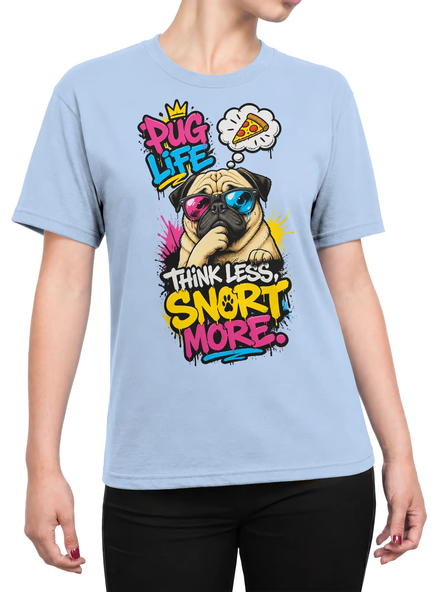 Female torso wearing a light blue pug graphic T-shirt with colorful sunglasses, pizza artwork, and bold snort-more lettering