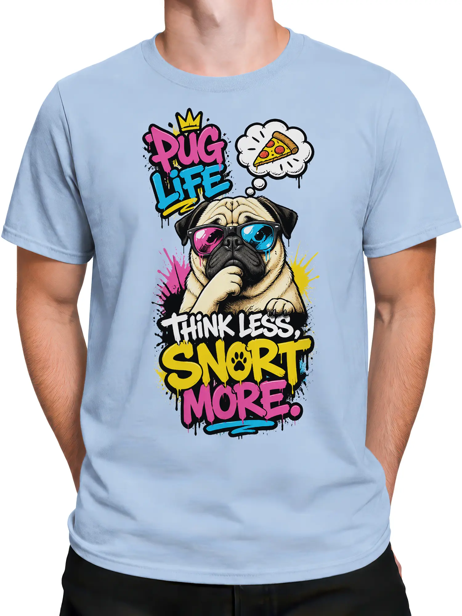 Male torso wearing a light blue Pug Life dog T-shirt with colorful graffiti artwork and a pizza-loving pug graphic