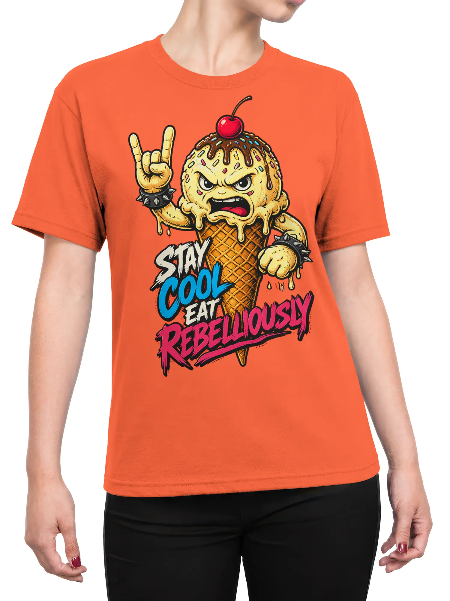 Female torso wearing an orange T-shirt with a colorful rebellious ice cream cone graphic
