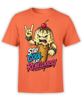 Rebellious ice cream cone graphic with sprinkles and bold lettering on an orange T-shirt