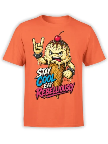 Rebellious ice cream cone graphic with sprinkles and bold lettering on an orange T-shirt