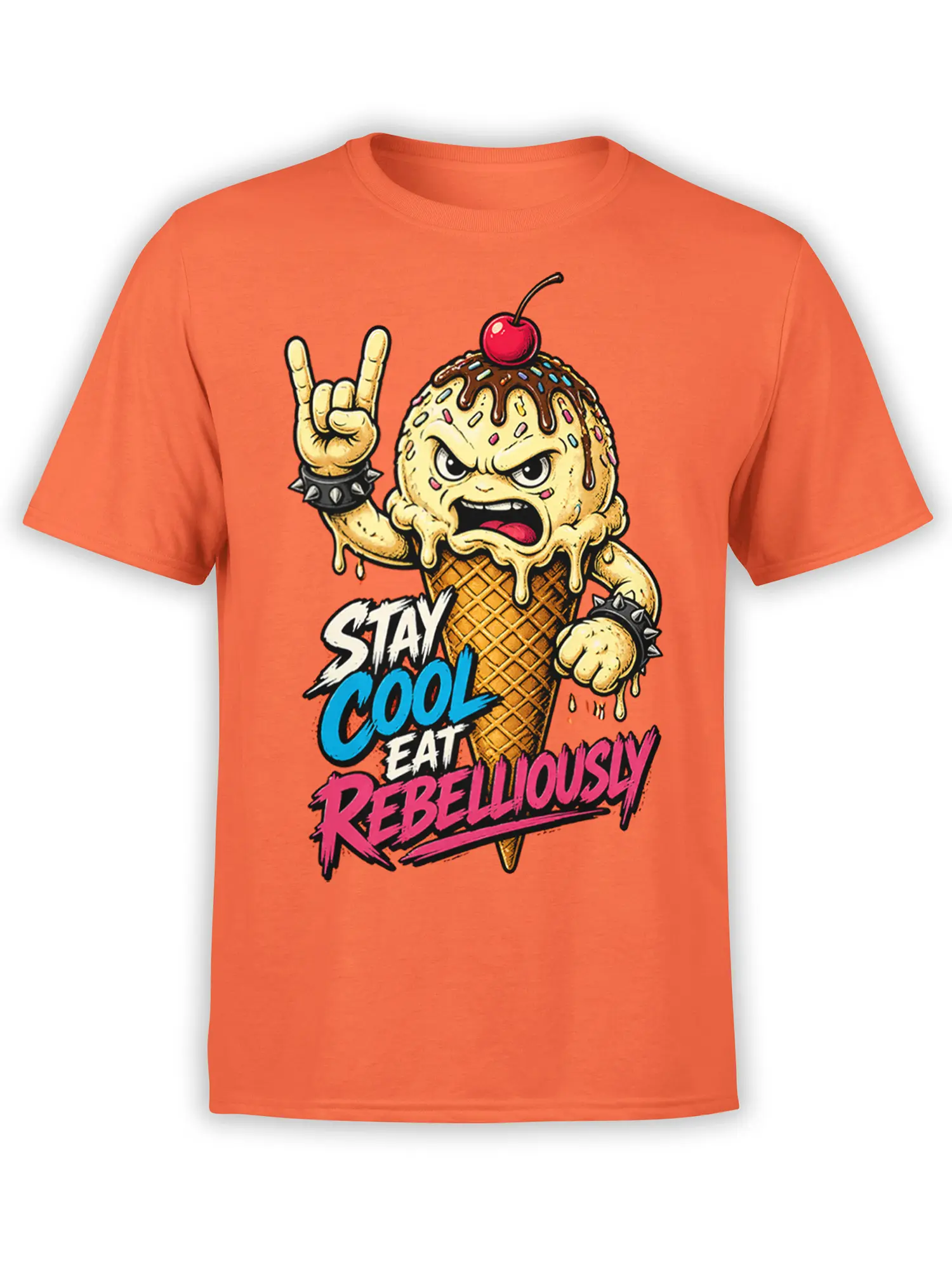 Rebellious ice cream cone graphic with sprinkles and bold lettering on an orange T-shirt