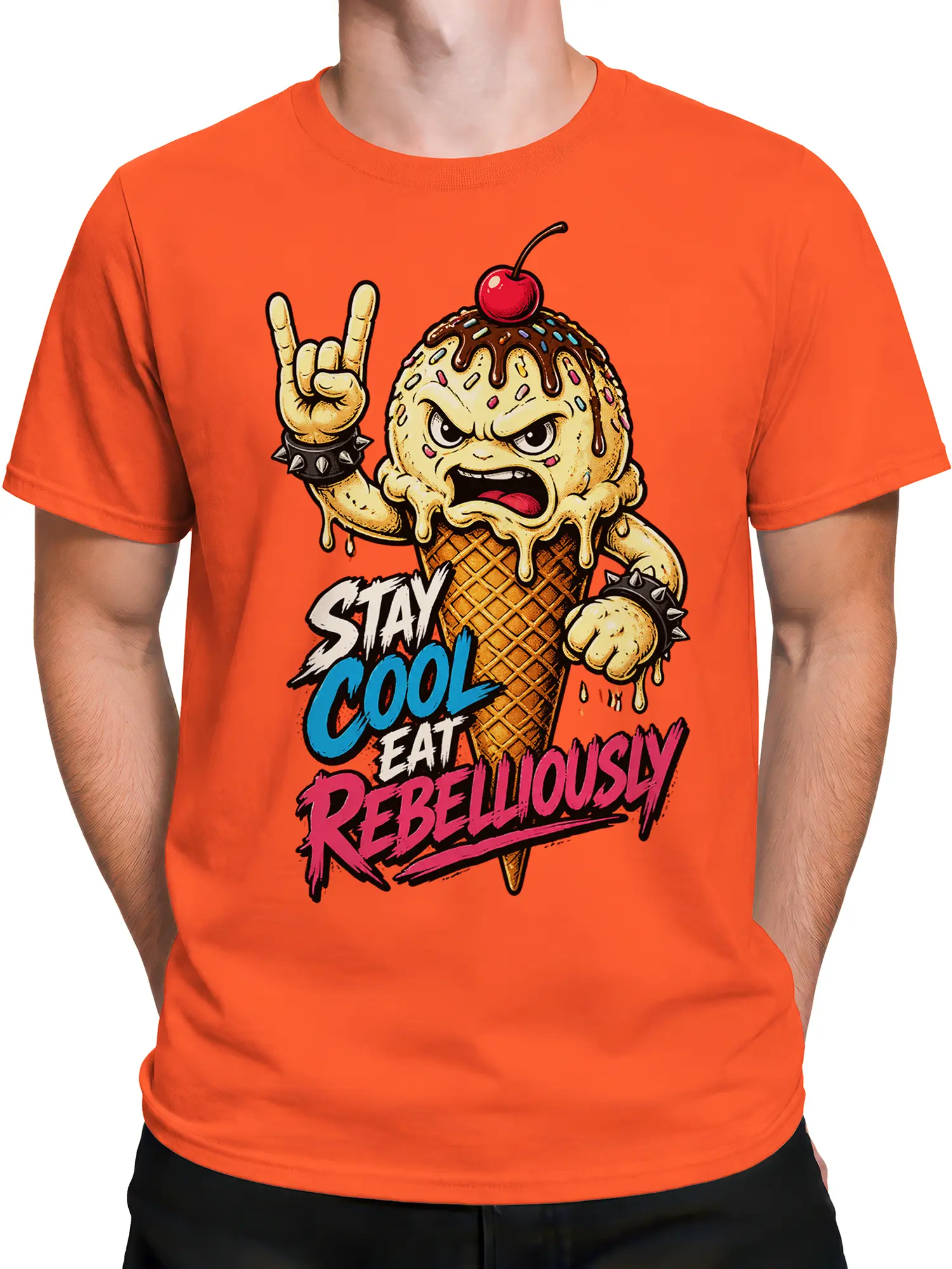 Male torso wearing an orange T-shirt with a rebellious ice cream cone and bold lettering