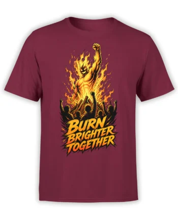 Fiery figure and cheering crowd graphic with “Burn Brighter Together” text on a burgundy T-shirt