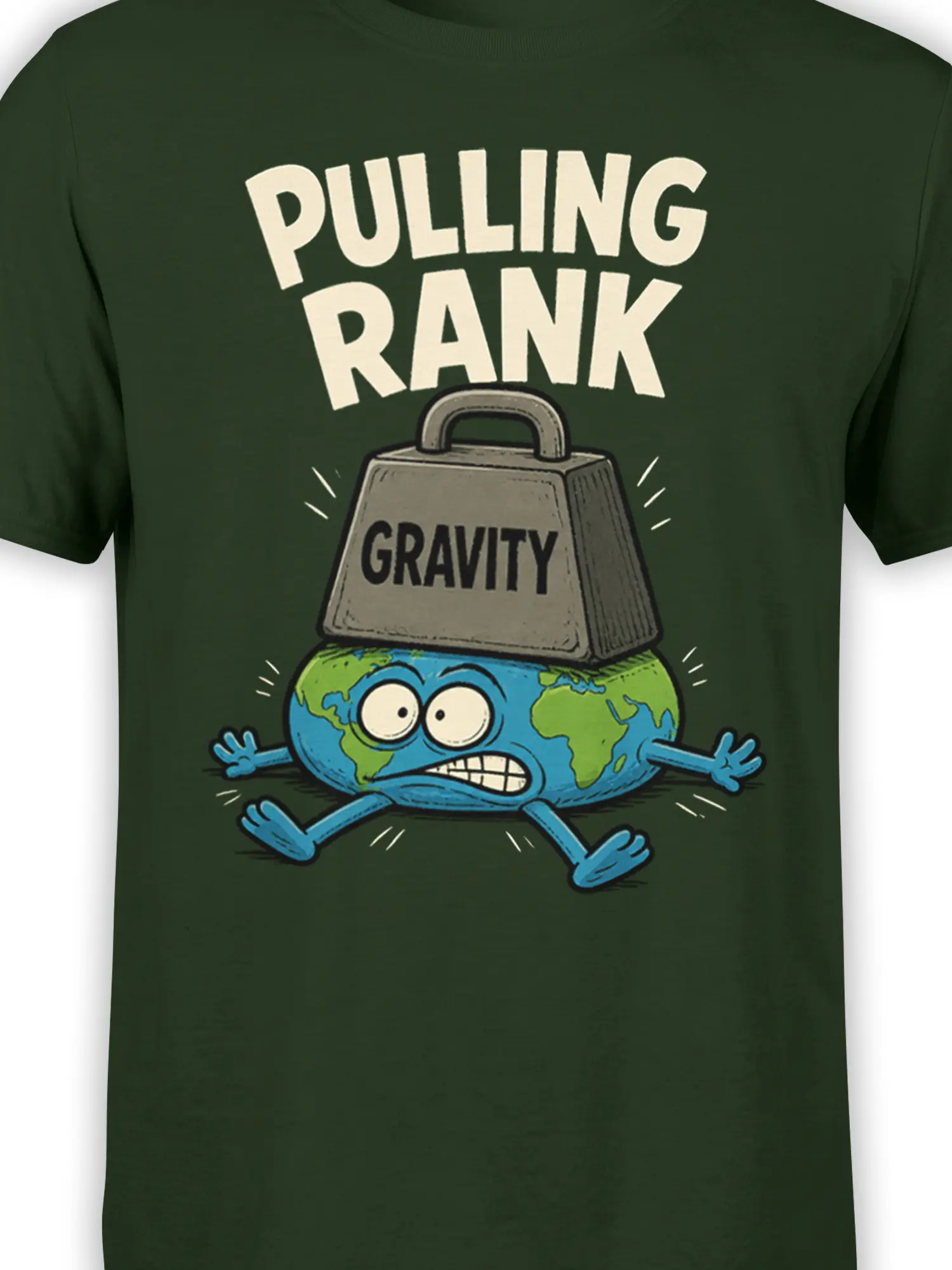 Close-up of stressed cartoon Earth, gravity weight, and “PULLING RANK” design on a green T-shirt