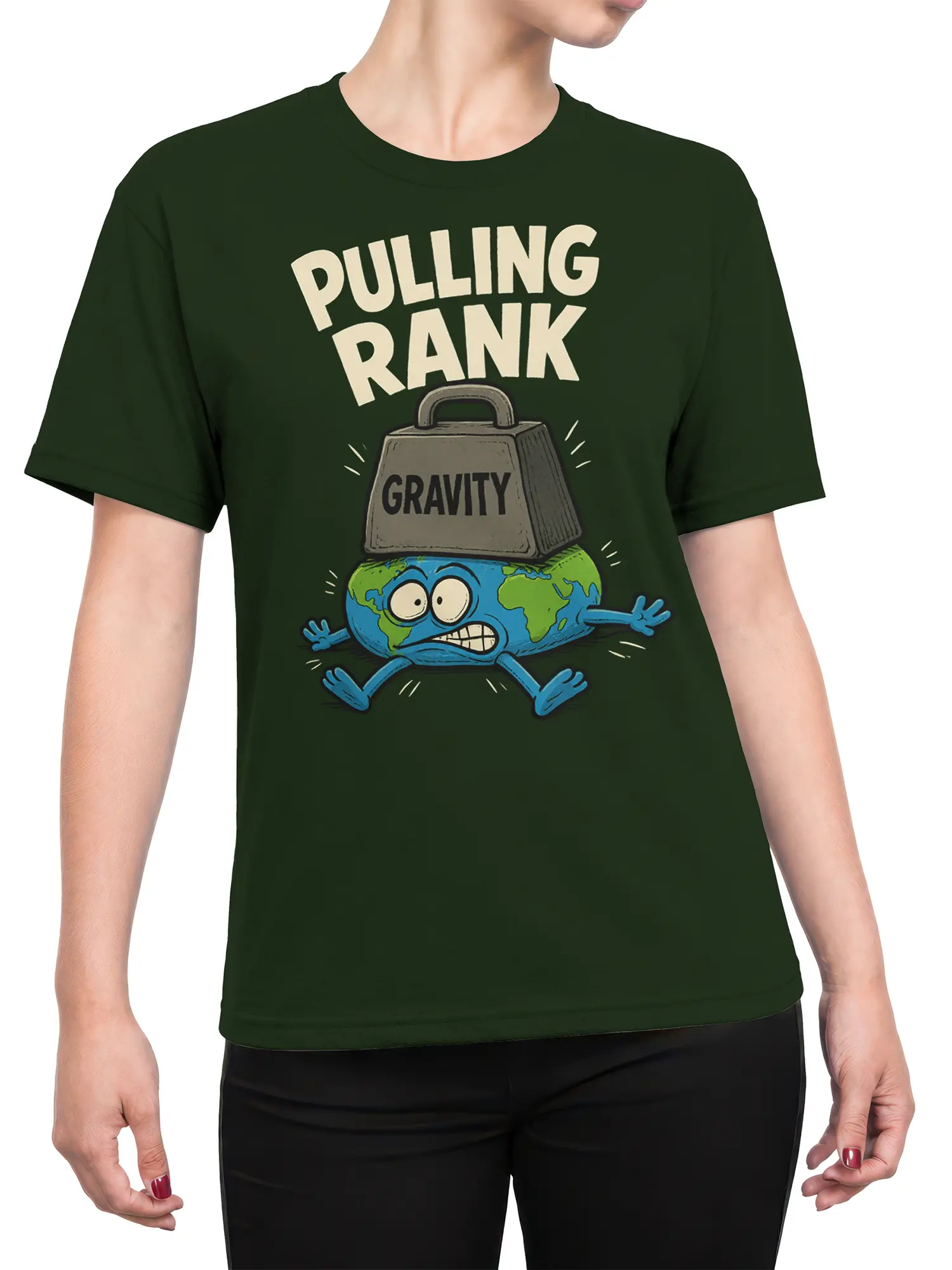 Female torso wearing a green Earth gravity T-shirt with “PULLING RANK” cartoon graphic