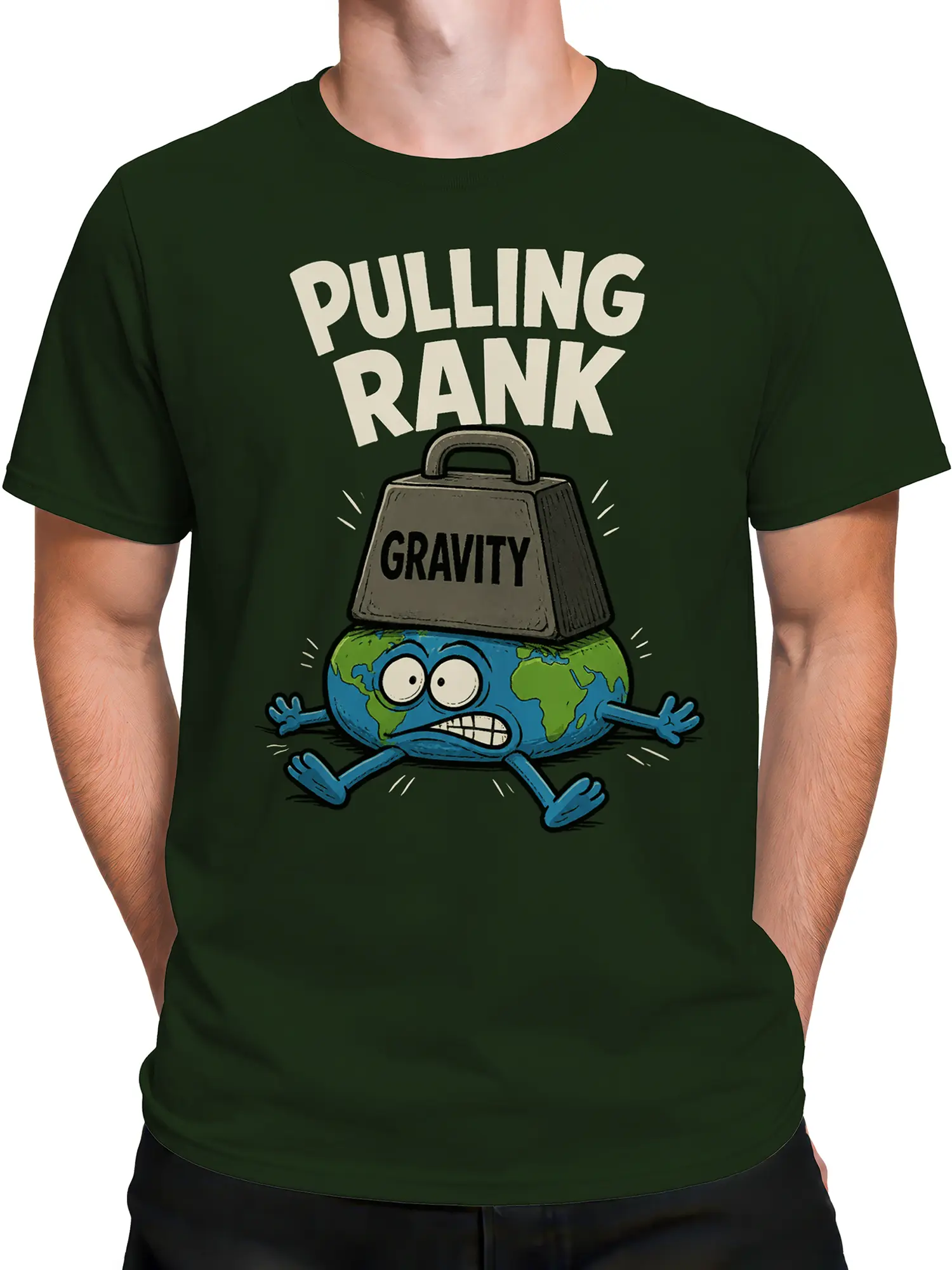 Male torso wearing a green cartoon Earth T-shirt with gravity humor artwork