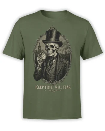 Vintage gothic skull gentleman with top hat and pocket watch on an olive green graphic T-shirt