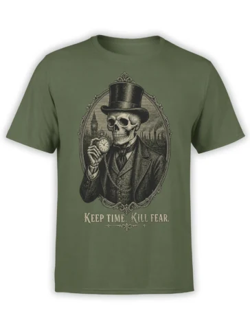 Vintage gothic skull gentleman with top hat and pocket watch on an olive green graphic T-shirt