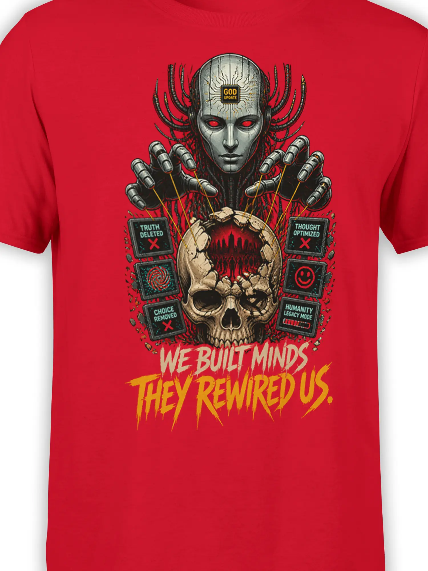 Close-up of red robot graphic T-shirt showing the skull, mechanical hands, control screens, and dystopian lettering