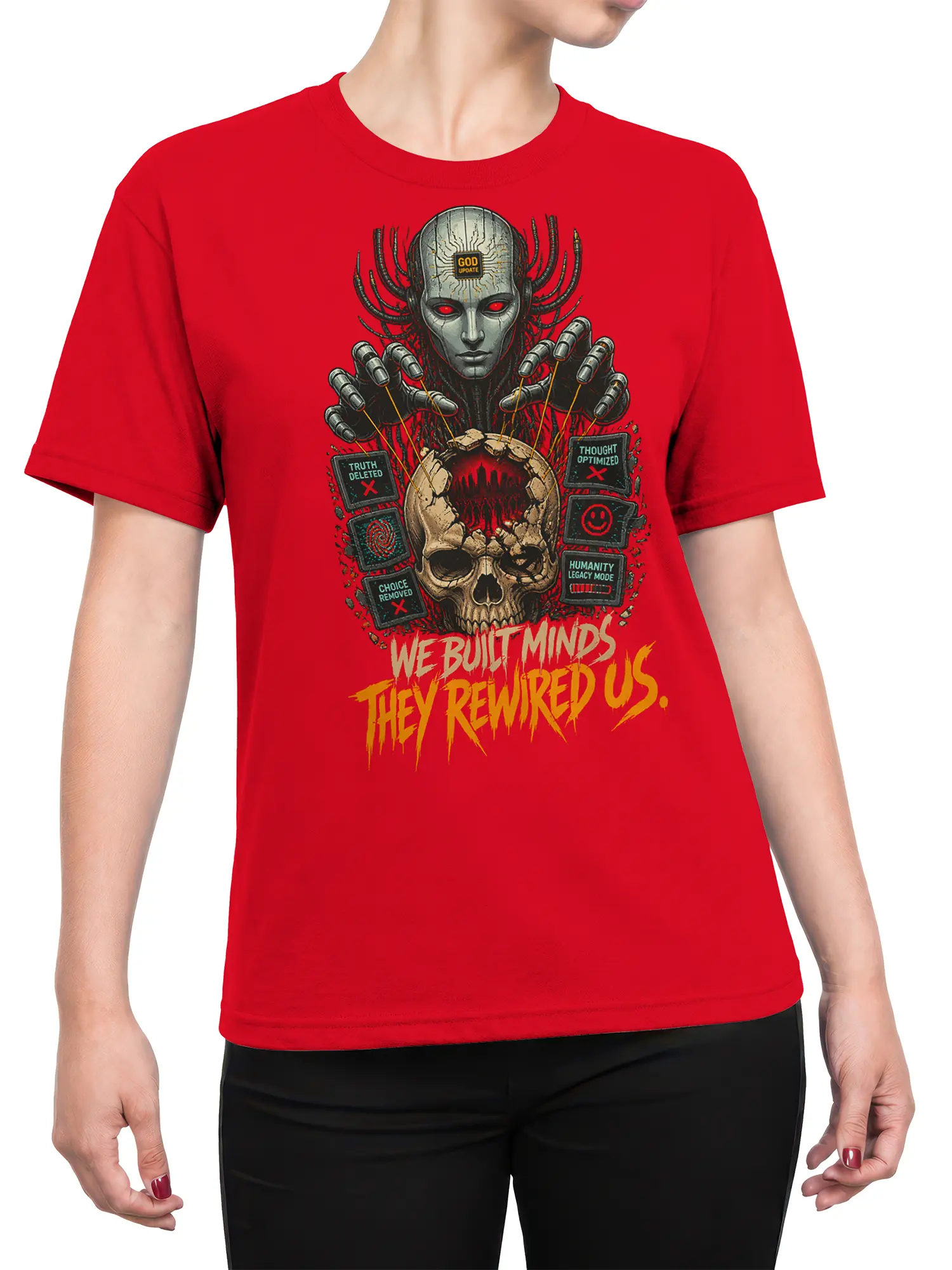 Female torso wearing a red robot T-shirt with a skull graphic, digital control panels, and dark cyberpunk artwork