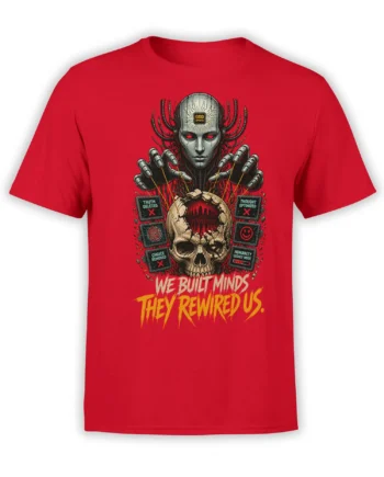 Red robot T-shirt with a cracked skull, glowing eyes, control screens, and “WE BUILT MINDS” artwork