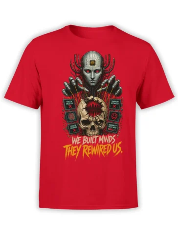 Red robot T-shirt with a cracked skull, glowing eyes, control screens, and “WE BUILT MINDS” artwork