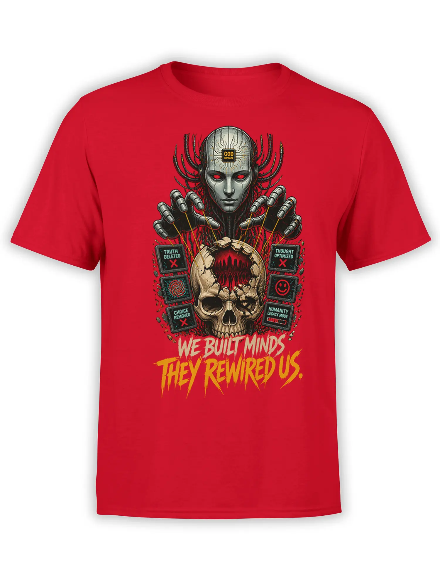 Red robot T-shirt with a cracked skull, glowing eyes, control screens, and “WE BUILT MINDS” artwork