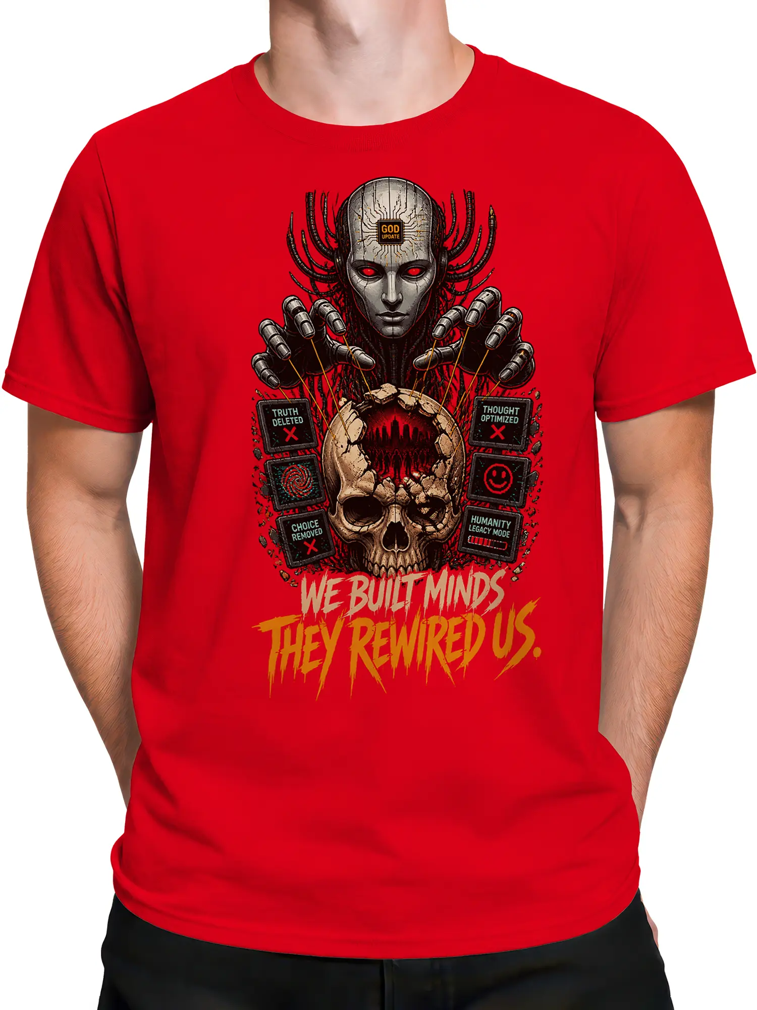 Male torso wearing a red robot T-shirt with glowing eyes, a skull design, and rewired mind artwork
