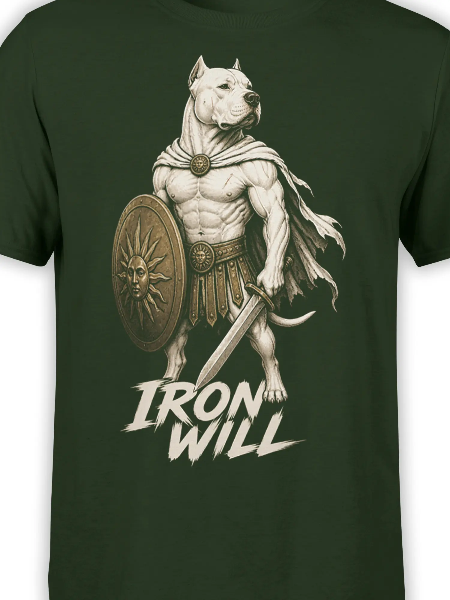 Close-up of dog warrior artwork with shield, sword, cape, and IRON WILL text on green fabric