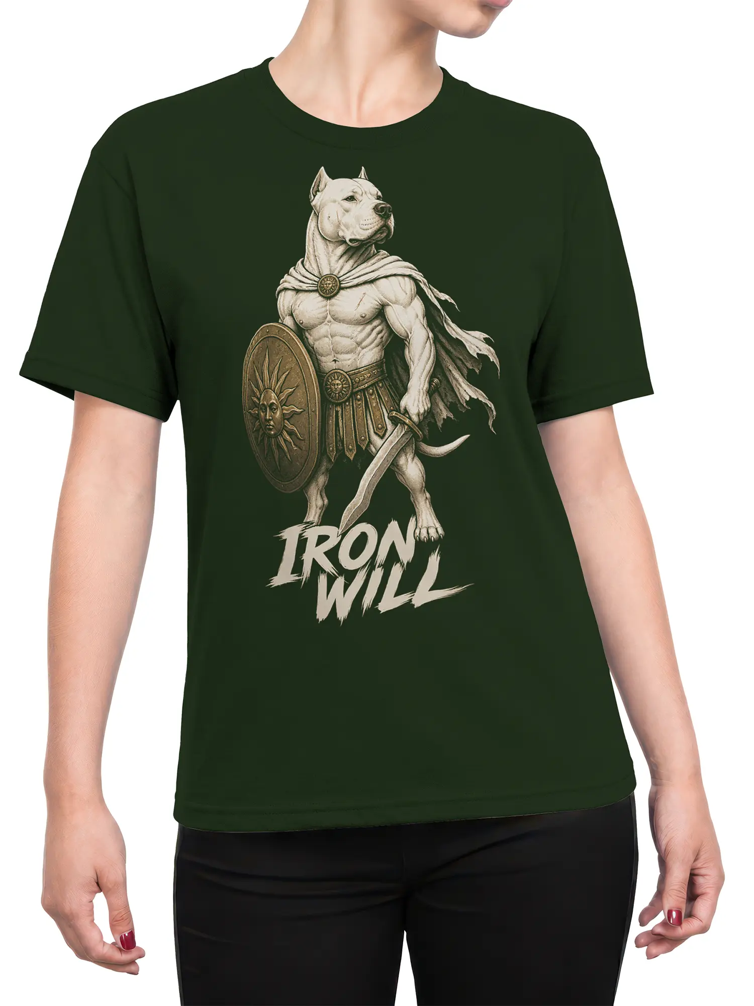 Female torso wearing a green T-shirt with muscular dog warrior and IRON WILL graphic