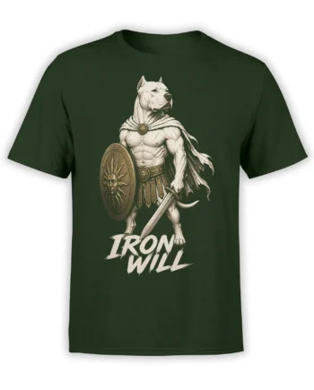 Muscular dog warrior with shield, sword, cape, and IRON WILL lettering on a green T-shirt
