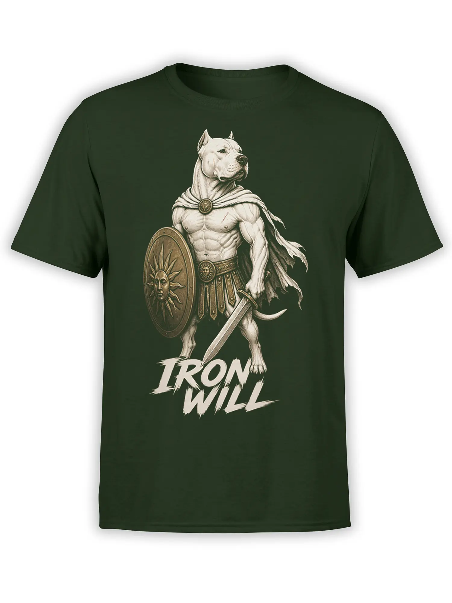 Muscular dog warrior with shield, sword, cape, and IRON WILL lettering on a green T-shirt
