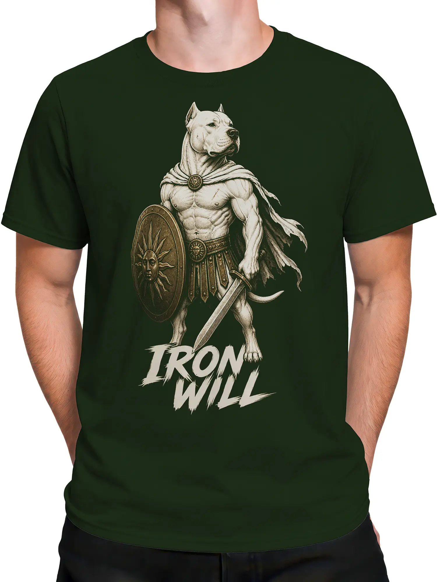 Male torso wearing a green T-shirt with dog warrior, shield, sword, and IRON WILL graphic