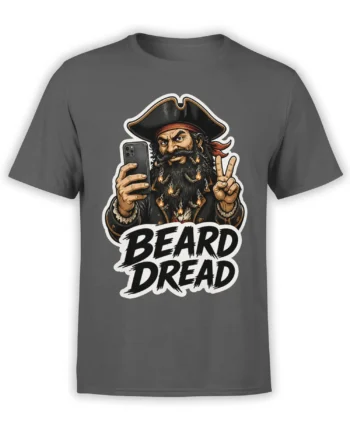 Bearded pirate holding a smartphone and peace sign on a gray Beard Dread graphic T-shirt