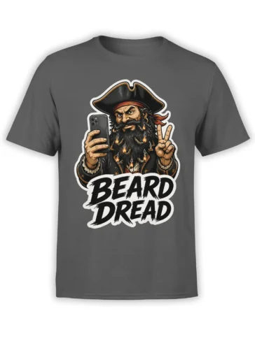 Bearded pirate holding a smartphone and peace sign on a gray Beard Dread graphic T-shirt