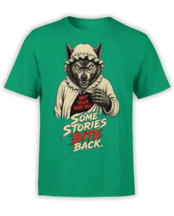 Green wolf fairy tale T-shirt with glasses, bonnet, ruffled collar, and biting storybook text