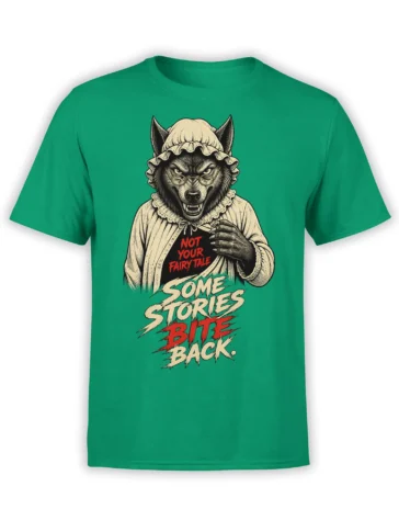 Green wolf fairy tale T-shirt with glasses, bonnet, ruffled collar, and biting storybook text